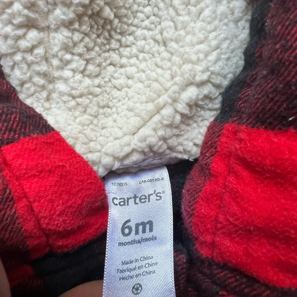 CARTER'S Buffalo Red & Black Plaid Check Vest Sherpa Hood Lining Pockets 6M - Picture 3 of 5